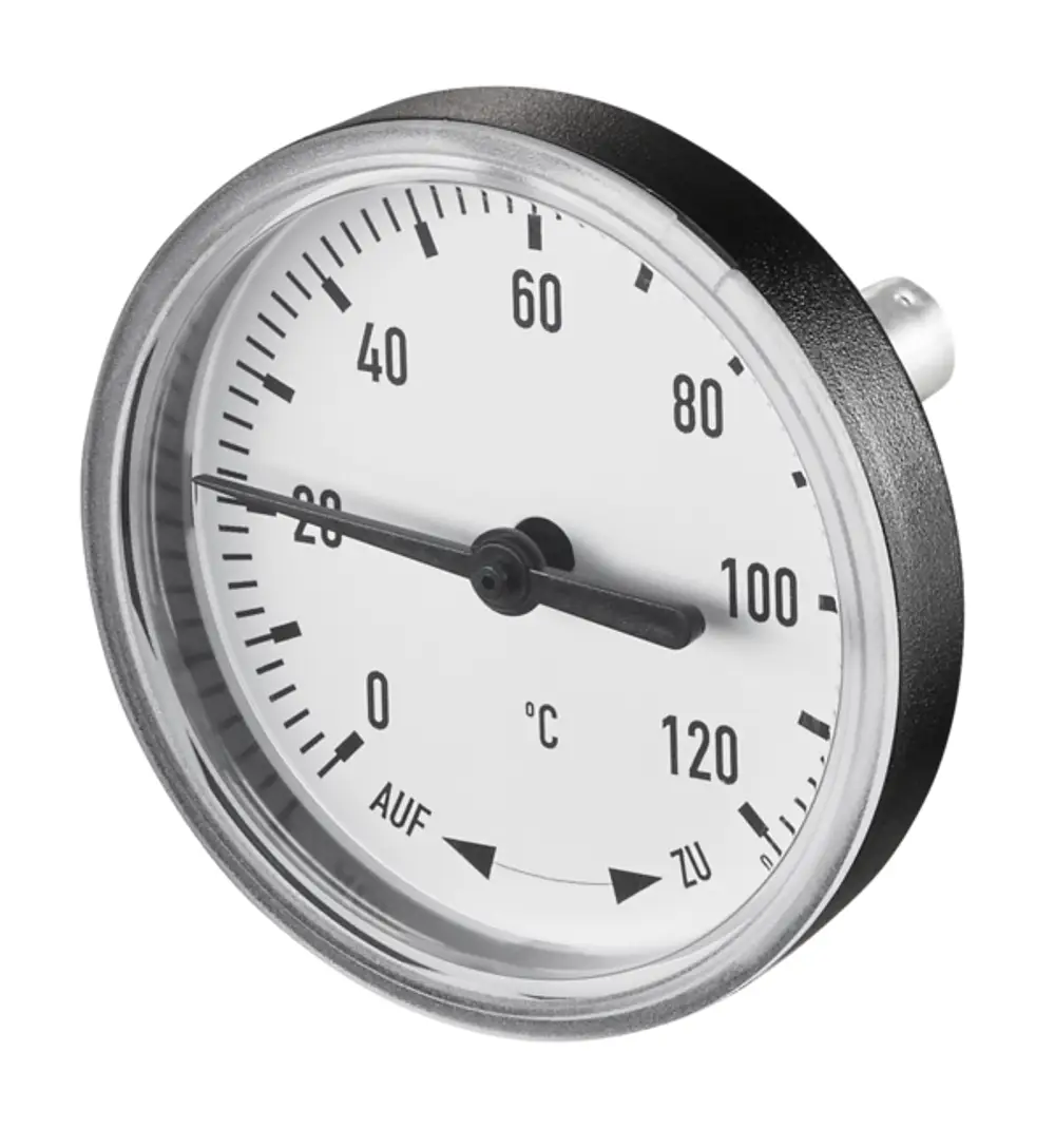 Oventrop Thermometer mit einem weißen Ziffernblatt. Skala von 0°C bis 120°C, mit einem schwarzen Gehäuse und einem Zeiger zur Temperaturablesung.